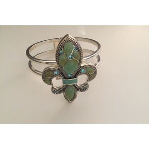Gorgeous Green Jade & Blue Topaz Fleur de Lis Bangle Bracelet~kn